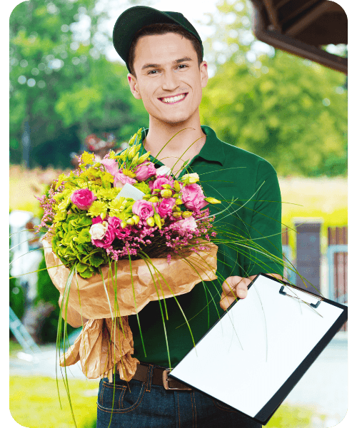 Flower delivery person holding a beautiful bouquet